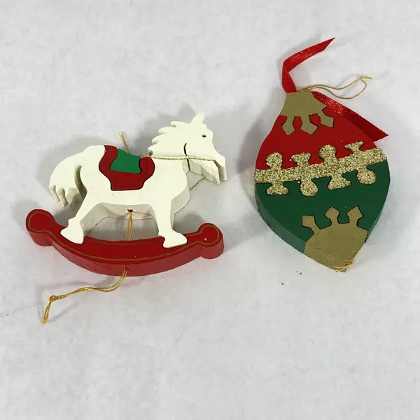 Set of 7 Handmade Wood Puzzle Christmas Ornaments Dove Bell Stocking