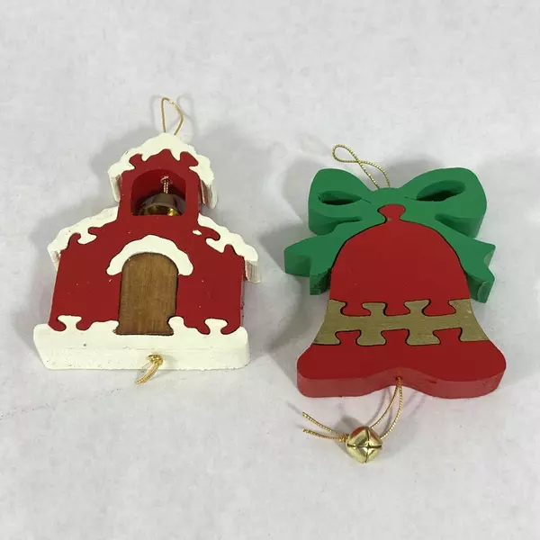 Set of 7 Handmade Wood Puzzle Christmas Ornaments Dove Bell Stocking