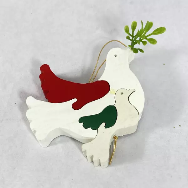 Set of 7 Handmade Wood Puzzle Christmas Ornaments Dove Bell Stocking