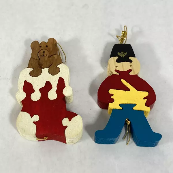 Set of 7 Handmade Wood Puzzle Christmas Ornaments Dove Bell Stocking