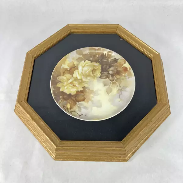 Framed Hand Painted Yellow Roses With Brown Leaves Plate Signed A J Byerlee