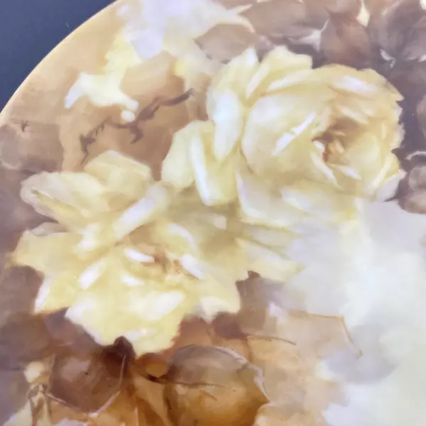 Framed Hand Painted Yellow Roses With Brown Leaves Plate Signed A J Byerlee