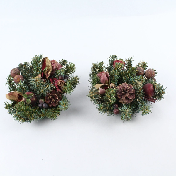 Lot of 2 Christmas Candle Rings Wreaths with Berries & Pine Cones