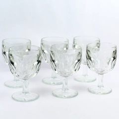 Set Of 6 Vintage Clear Thumbprint Heavy Glass Schooner Style Goblets 8 oz.