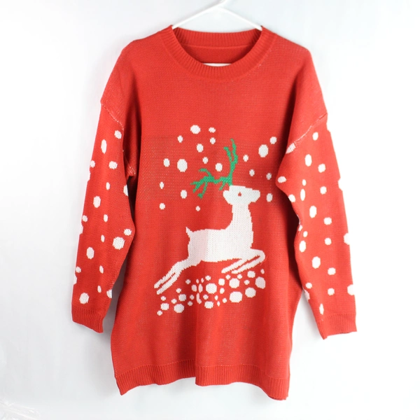 Festive Red Unisex Medium Christmas Sweater with Reindeer & Polka Dots