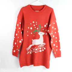 Festive Red Unisex Medium Christmas Sweater with Reindeer & Polka Dots