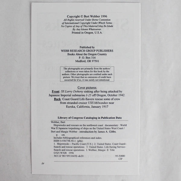 Shipwrecks & Rescues on the Northwest Coast by Margie & Bert Webber 1996 PB