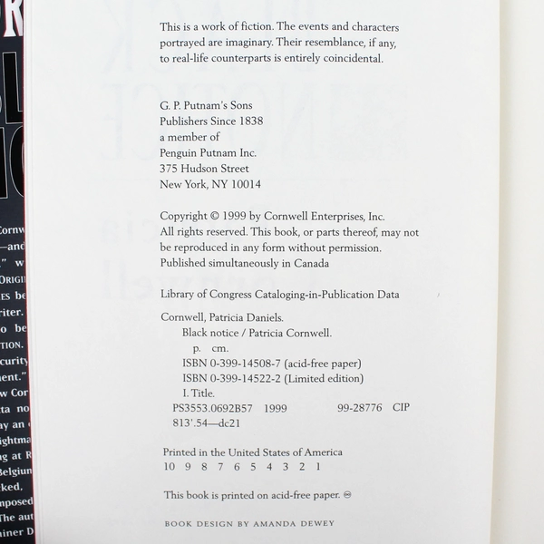 Patricia Cornwell Black Notice 1999 Scarpetta Series Hardcover Book