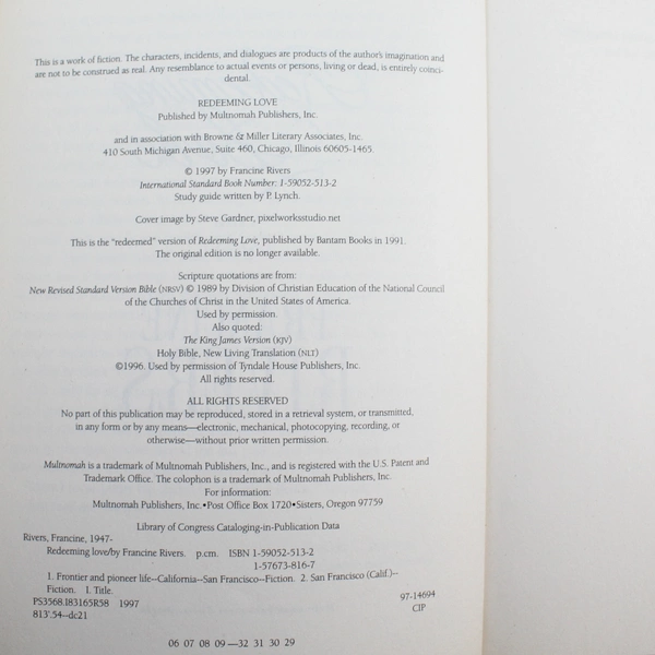 Redeeming Love 20th Anniversary Edition by Francine Rivers 1997 Paperback