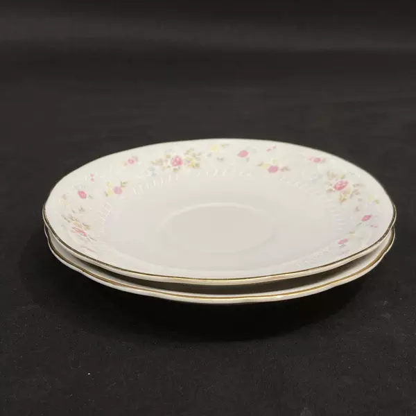 Set of 2 Yong Shen Hand Painted China Saucers White With Flowers Platinum Rim