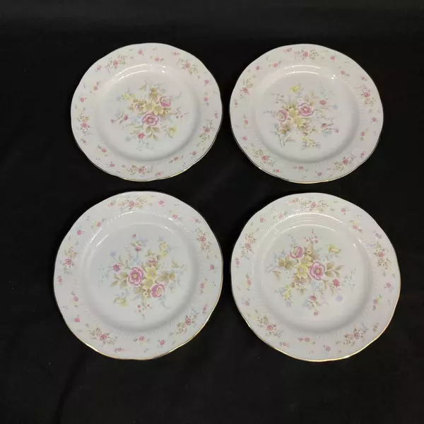 4 Yong Shen Hand Painted China Bread Plates White With Flowers Platinum Rim