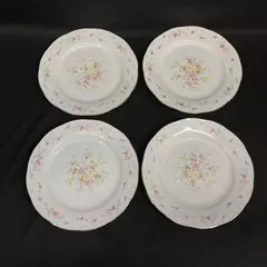 4 Yong Shen Hand Painted China Dinner Plates White With Flowers Platinum Rim