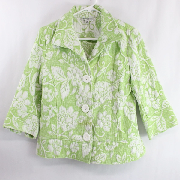 Coldwater Creek Button Up Green White Floral Jacket Women's Size P8 3/4 Sleeve