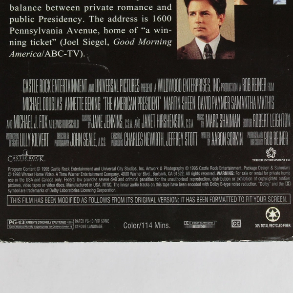 The American President VHS Tape Michael Douglas 1995 Universal City Studios