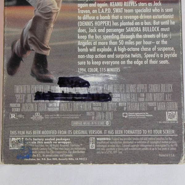 Speed VHS Movie 1994 20th Century Fox Keanu Reeves Sandra Bullock