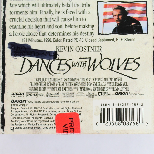 Dances With Wolves VHS Tape Movie Kevin Costner Orion Home Video 1990