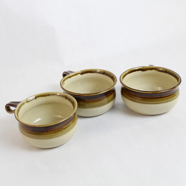 Lot of 3 Stoneware Glazed Brown Green Beige Soup Mugs Bowls Varying Sizes