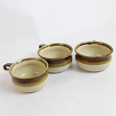 Lot of 3 Stoneware Glazed Brown Green Beige Soup Mugs Bowls Varying Sizes
