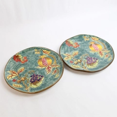 Set Of 2 Hand-Painted Pomegranate Plates 8.25" Green With Fruit Design