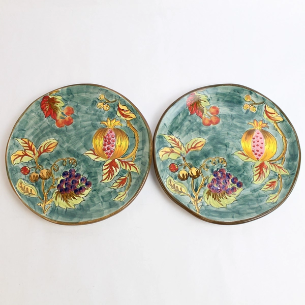 Set Of 2 Hand-Painted Pomegranate Plates 8.25" Green With Fruit Design
