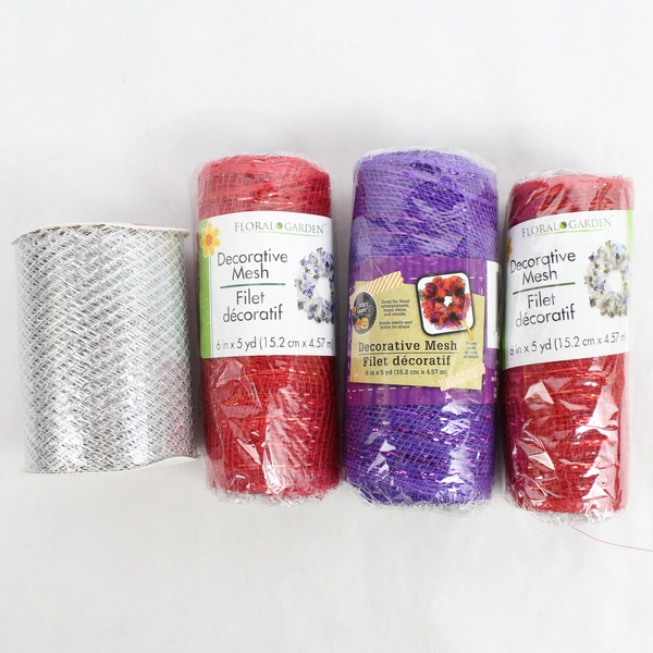 Lot of 4 New Decorative Mesh Ribbon Rolls in Red Purple and White