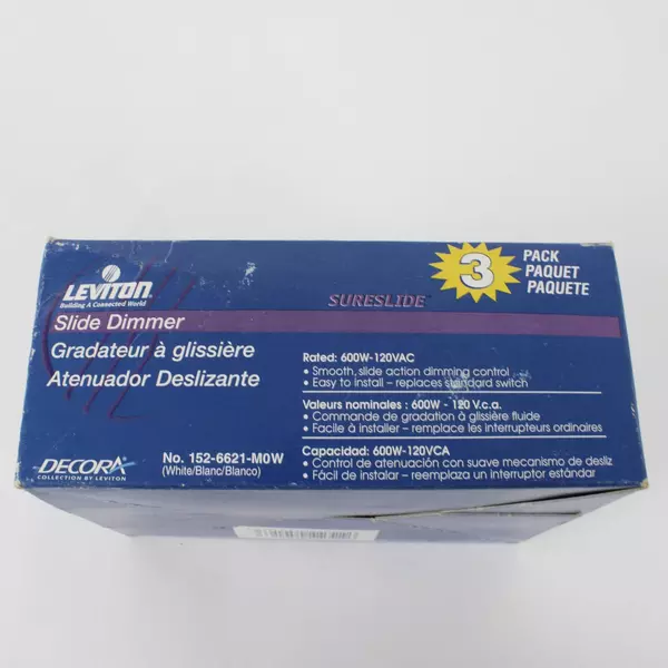 2 Leviton SureSlide Incandescent White Dimmer Slide Switches 600W 152-6621-M0W