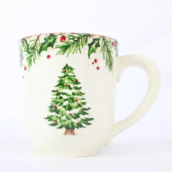Pier 1 Winter Wonders Christmas Tree Coffee Mug 12oz Holly Red Berries