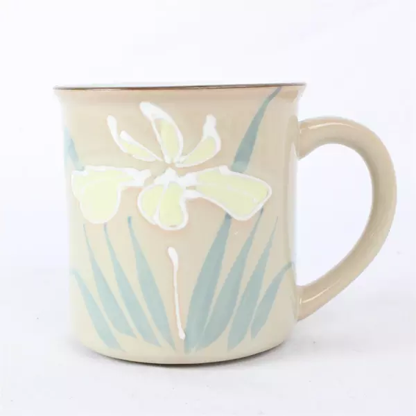 Handcrafted 12oz Tan Ceramic Coffee Mug with Hand Painted Grass and Lily 