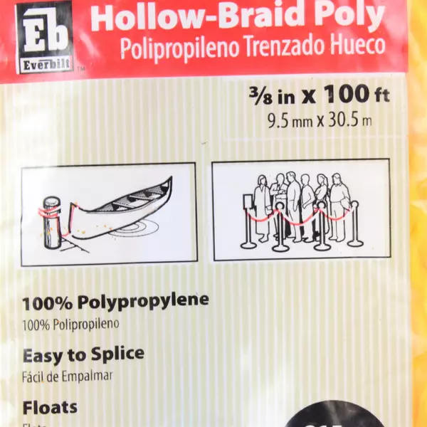 Hollow Braid Rope 100% Polypropylene 3/8 inch x 100 Feet