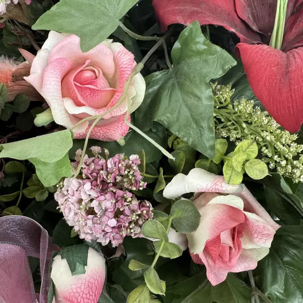 Artificial Floral Arrangement Roses Hydrangeas Lilies Greenery 27 x 22 Inches