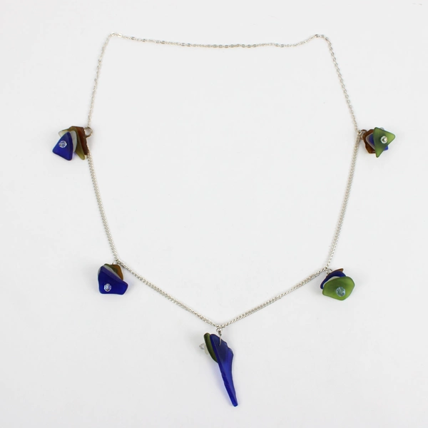 Tumbled Sea Glass Necklace Silver Tone Chain Blue Green Brown 21 Inch Jewelry