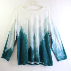 White and Teal Pine Tree Forest Print Long-Sleeve T-Shirt Women's Size 5XL