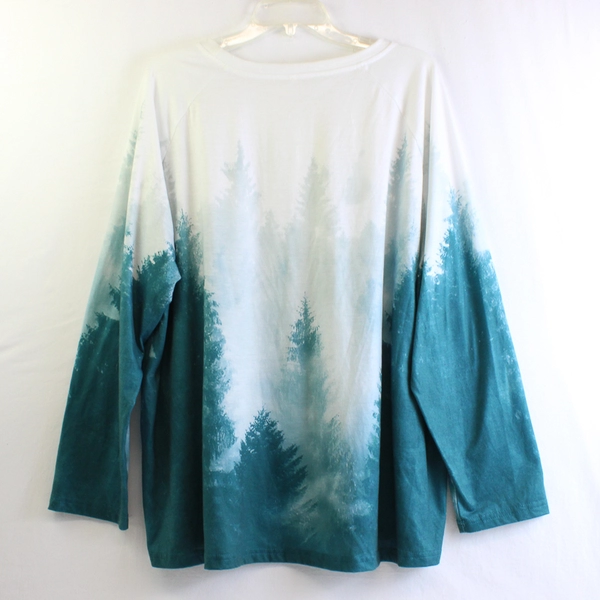 White and Teal Pine Tree Forest Print Long-Sleeve T-Shirt Women's Size 5XL