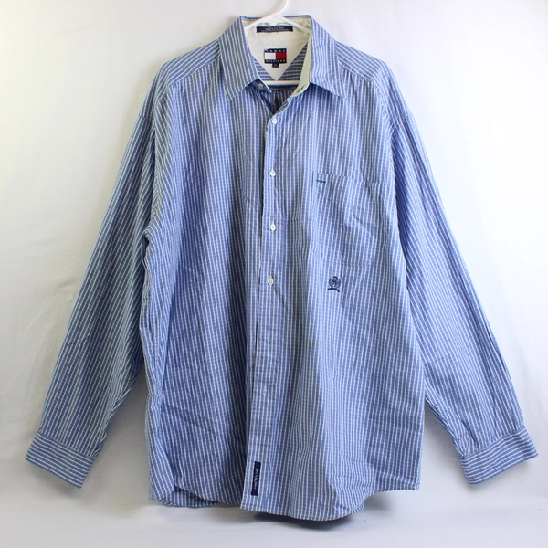 Tommy Hilfiger Long Sleeve Dress Shirt Blue/White Gingham Men's Shirts XL Flawed