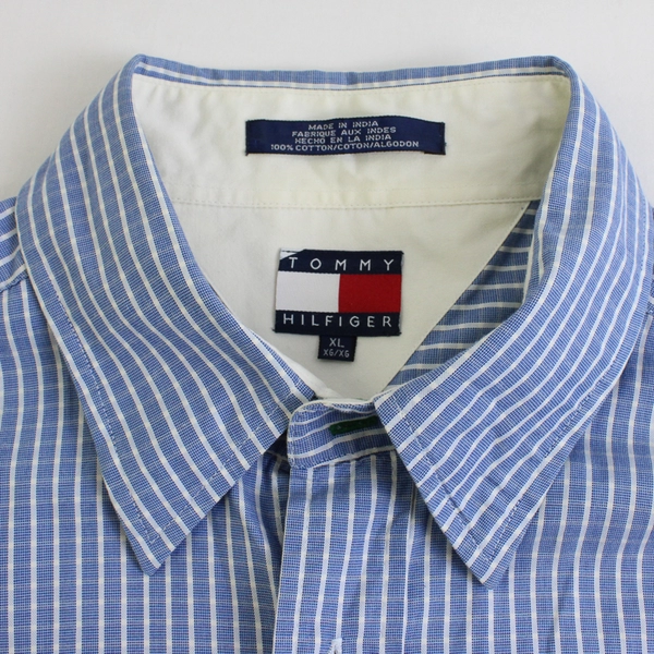 Tommy Hilfiger Long Sleeve Dress Shirt Blue/White Gingham Men's Shirts XL Flawed
