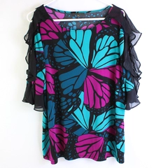Bold Elements Blue/Pink/Black Butterfly Patterned Blouse Women's Size XL