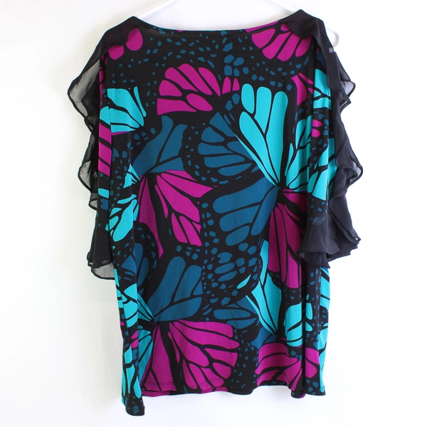 Bold Elements Blue/Pink/Black Butterfly Patterned Blouse Women's Size XL