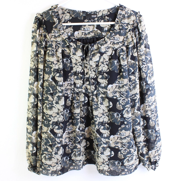 A.n.a. Grean/Black Floral Long Sleeve Blouse Women's Size XL