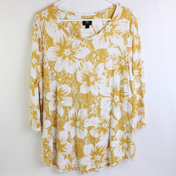 JM Collection Yellow/White Floral Quarter Length Sleeve Shirt Women's Size XL