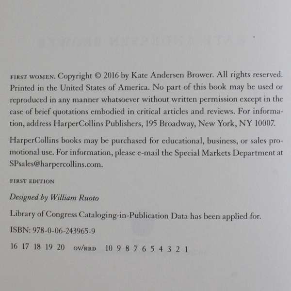 First Women by Kate Andersen Brower 2016 Hardcover 1st Edition No Dust Jacket