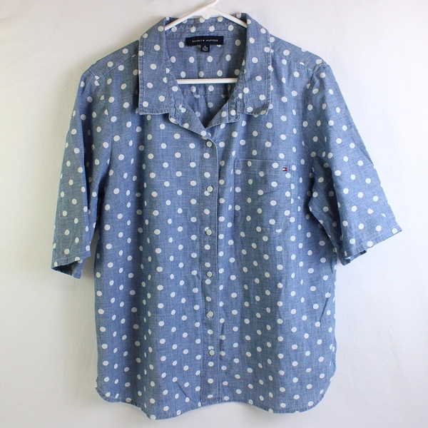 Tommy Hilfiger Blue/White Polka Dot Short Sleeve Button Up Shirt Women's Size XL