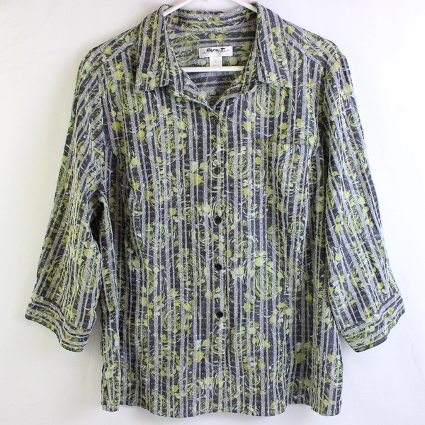 Christopher & Banks Floral/Strip Quarter Length Sleeve Button Up Women's Size XL