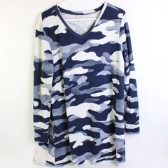 LuLaRoe Blue Camo Long-Sleeve V-Neck Shirt Women's Size Medium