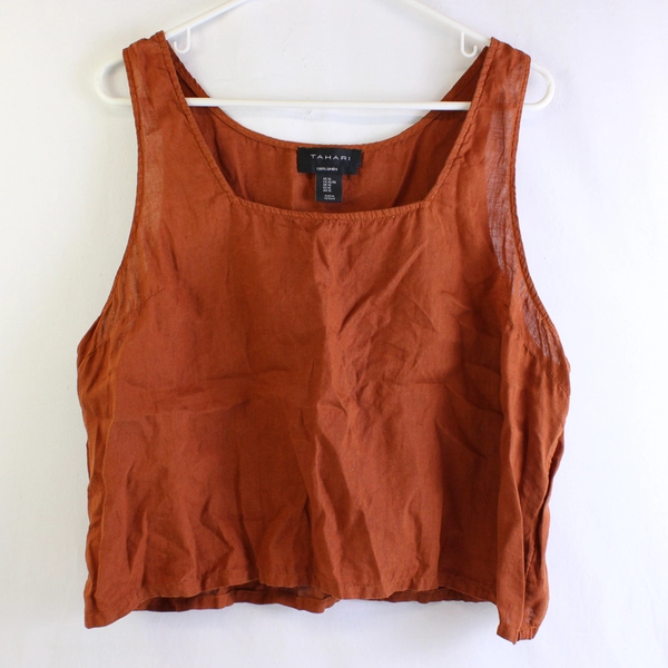 Tahari Burnt Orange Square Neck Cropped 100% Linen Tank Top Women's Size XL
