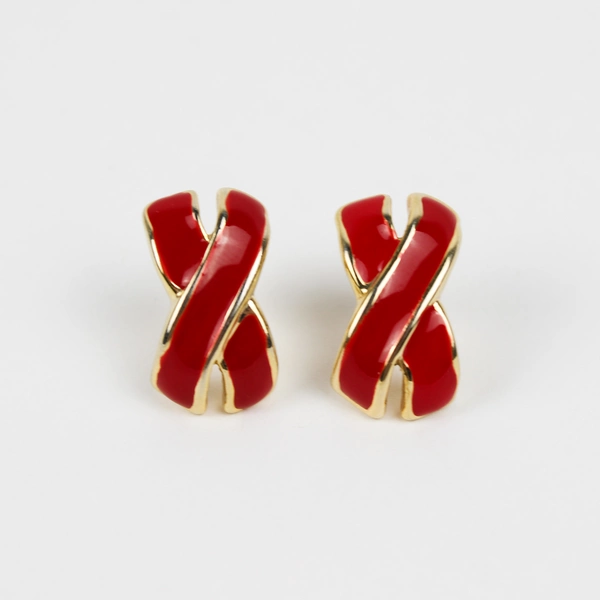 Vintage Pierced Earrings Red Enamel Ribbon X Gold Tone Studs