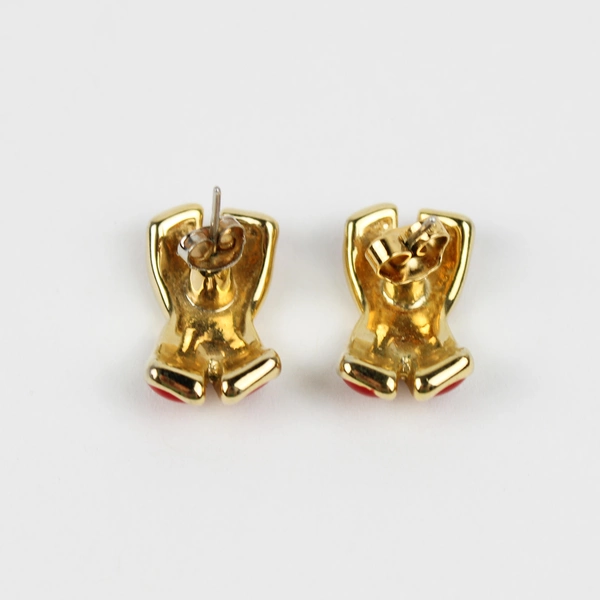 Vintage Pierced Earrings Red Enamel Ribbon X Gold Tone Studs