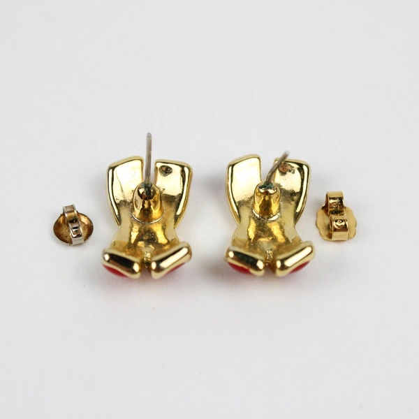 Vintage Pierced Earrings Red Enamel Ribbon X Gold Tone Studs