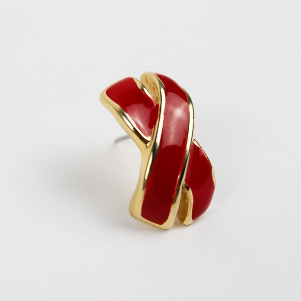 Vintage Pierced Earrings Red Enamel Ribbon X Gold Tone Studs