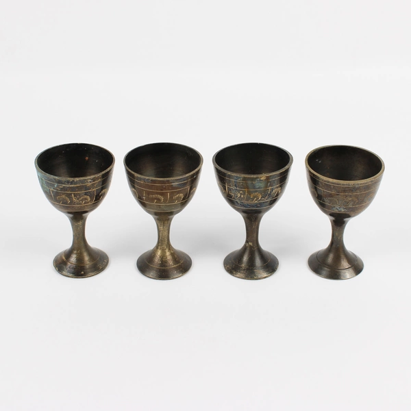 Vintage 4 Ornate Vintage Etched Brass Mini Goblet Stemmed Shot Glass Cup
