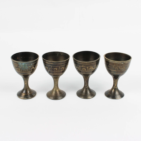 Vintage 4 Ornate Vintage Etched Brass Mini Goblet Stemmed Shot Glass Cup